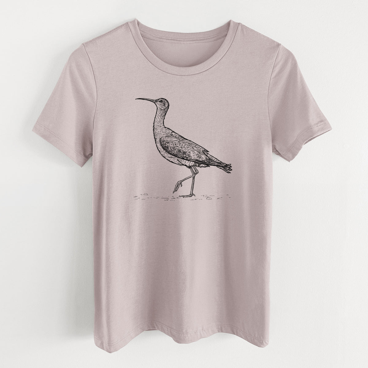 Pink gravel women's relaxed fit cotton t-shirt laid flat, printed with a detailed black ink illustration of an Eskimo curlew with its long curved bill, walking.