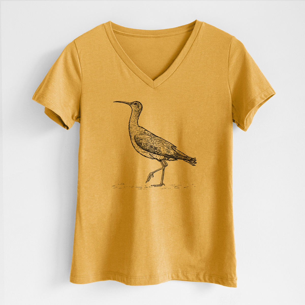 Honeycomb yellow women's relaxed fit cotton V-neck t-shirt laid flat, printed with a detailed black ink illustration of an Eskimo curlew with its long curved bill, walking.