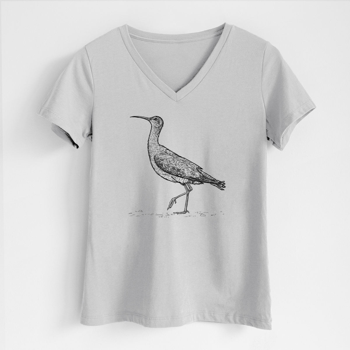 Lunar grey women's relaxed fit cotton V-neck t-shirt laid flat, printed with a detailed black ink illustration of an Eskimo curlew with its long curved bill, walking.