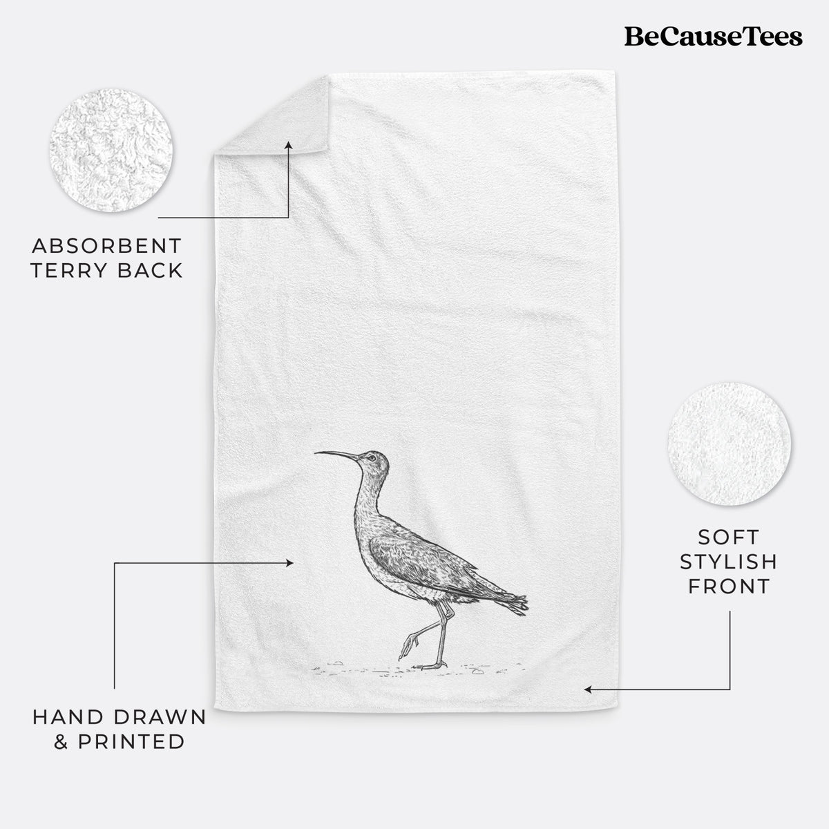White hand towel printed with a detailed black ink illustration of an Eskimo curlew with its long curved bill, walking.