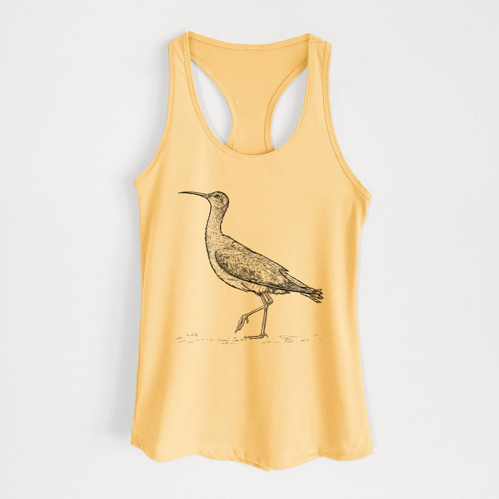 Banana cream women's racerback tank top laid flat, printed with a detailed black ink illustration of an Eskimo curlew with its long curved bill, walking.