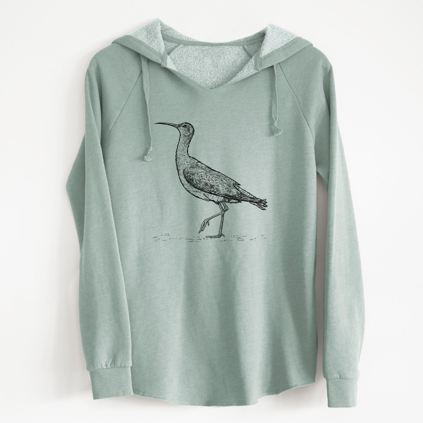 Sage green women's Cali Wave hooded sweatshirt laid flat, printed with a detailed black ink illustration of an Eskimo curlew with its long curved bill, walking.