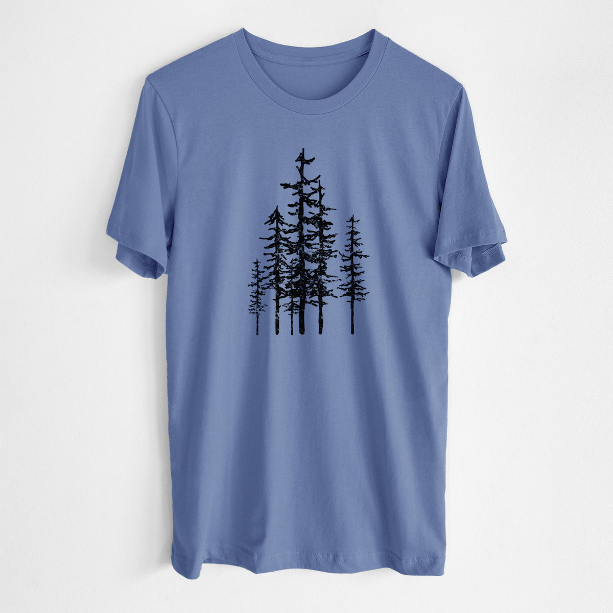 Blue bell lightweight cotton t-shirt laid flat, printed with a black ink illustration of a cluster of evergreen trees of varying heights.