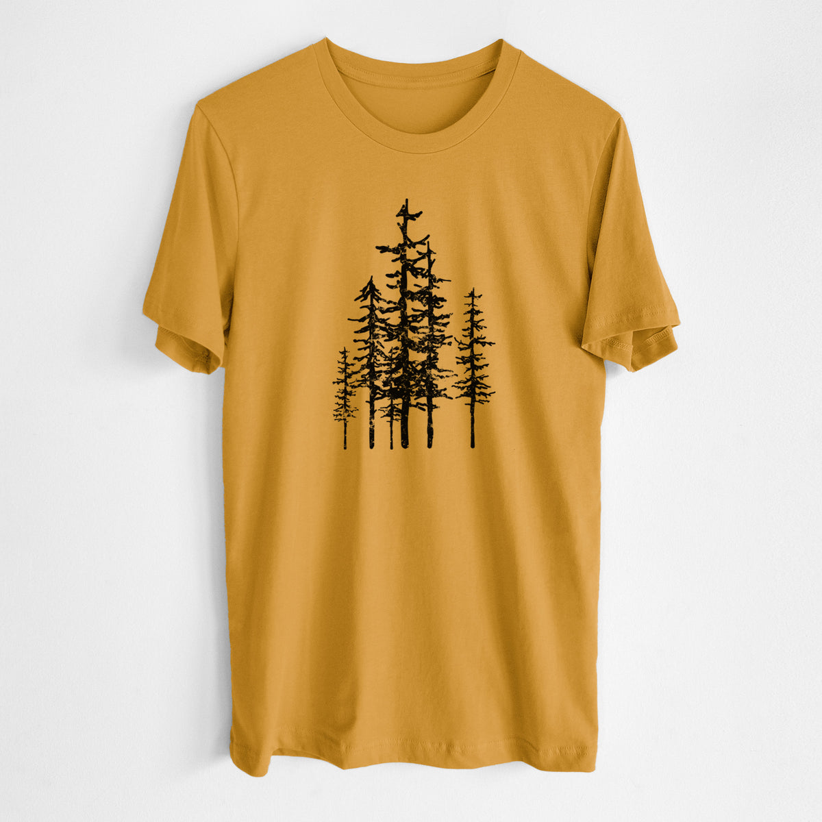 Honeycomb yellow lightweight cotton t-shirt laid flat, printed with a black ink illustration of a cluster of evergreen trees of varying heights.