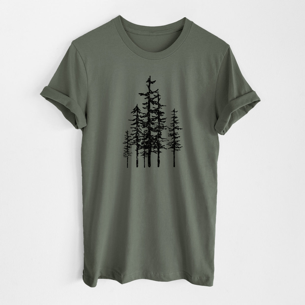 Military green lightweight cotton t-shirt laid flat, printed with a black ink illustration of a cluster of evergreen trees of varying heights.