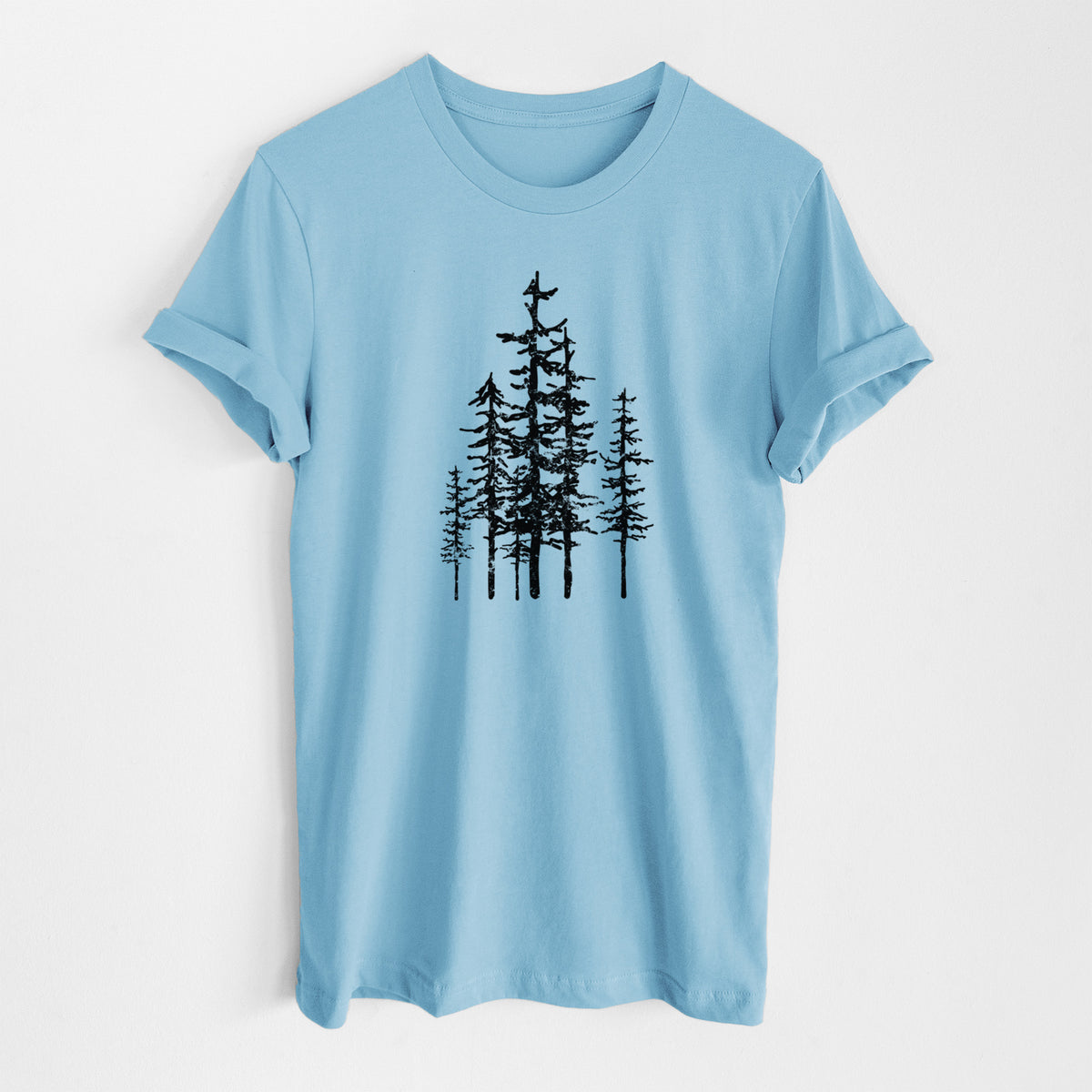 Ocean blue lightweight cotton t-shirt laid flat, printed with a black ink illustration of a cluster of evergreen trees of varying heights.