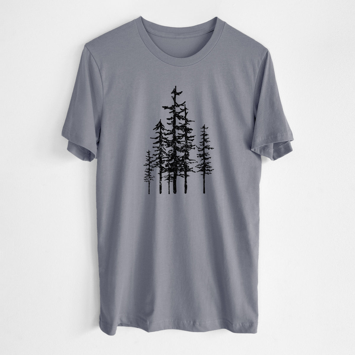 Storm grey lightweight cotton t-shirt laid flat, printed with a black ink illustration of a cluster of evergreen trees of varying heights.