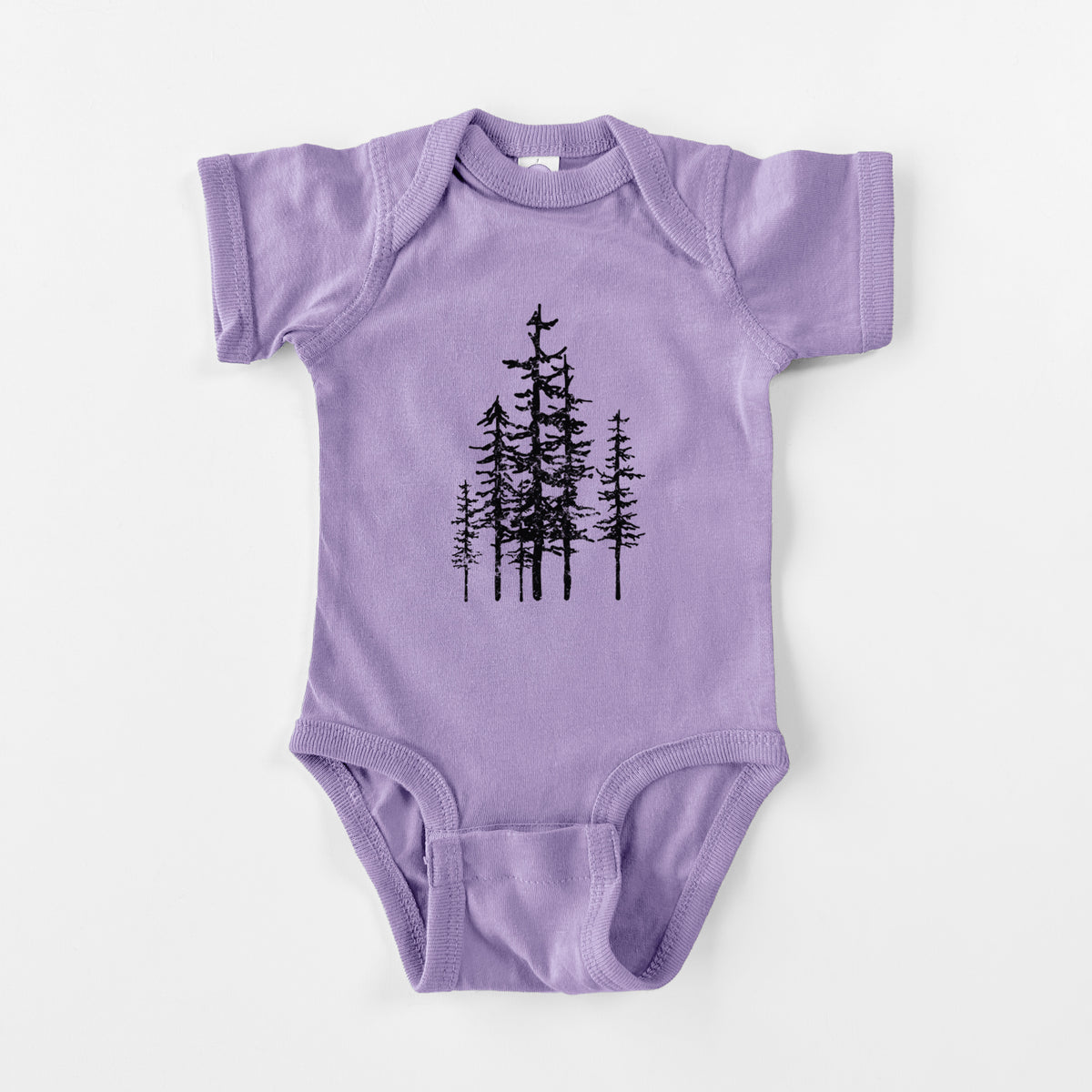 Lavender baby bodysuit laid flat, printed with a black ink illustration of a cluster of evergreen trees of varying heights.