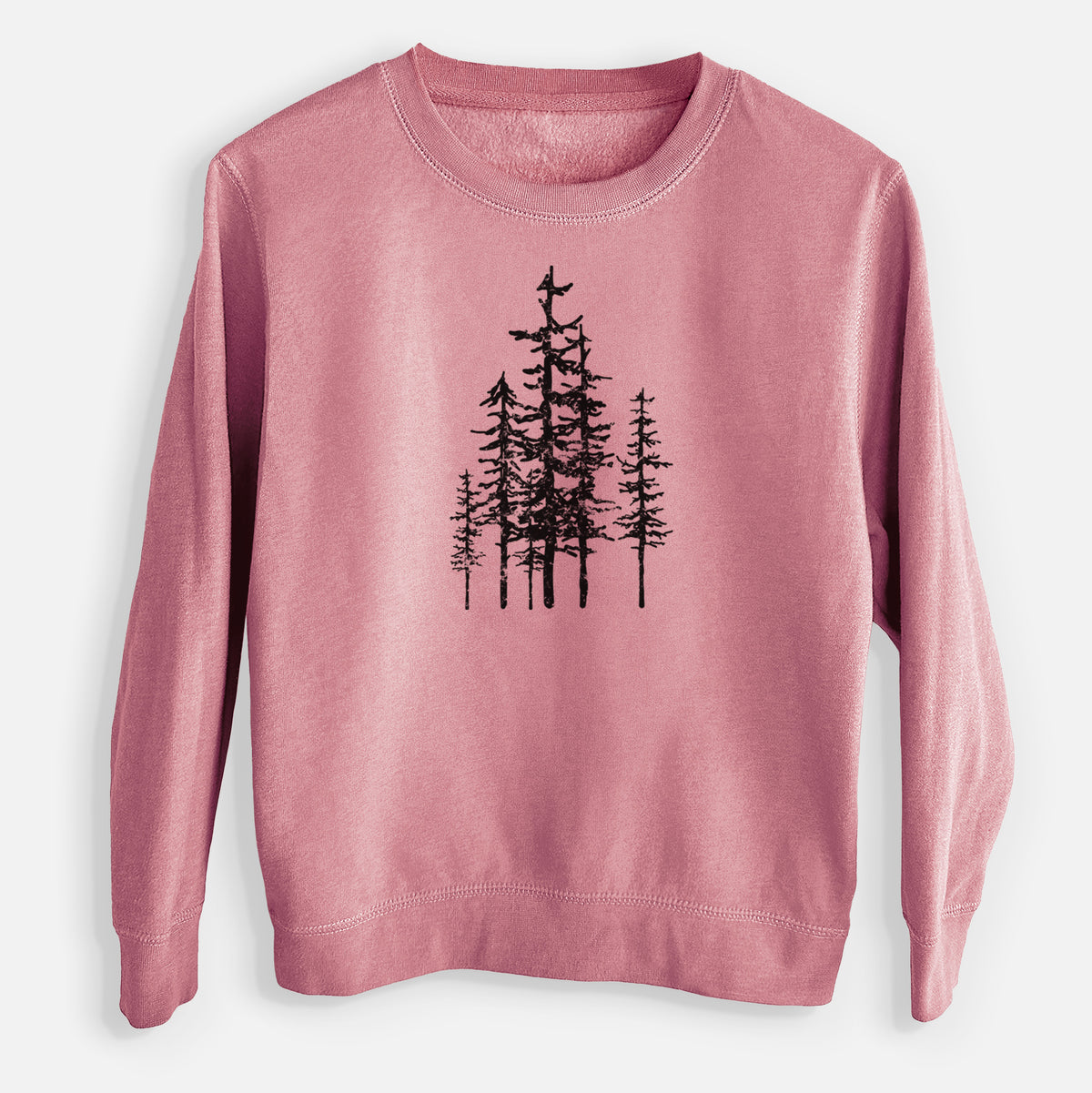 Mauve pink youth crewneck sweatshirt laid flat, printed with a black ink illustration of a cluster of evergreen trees of varying heights.