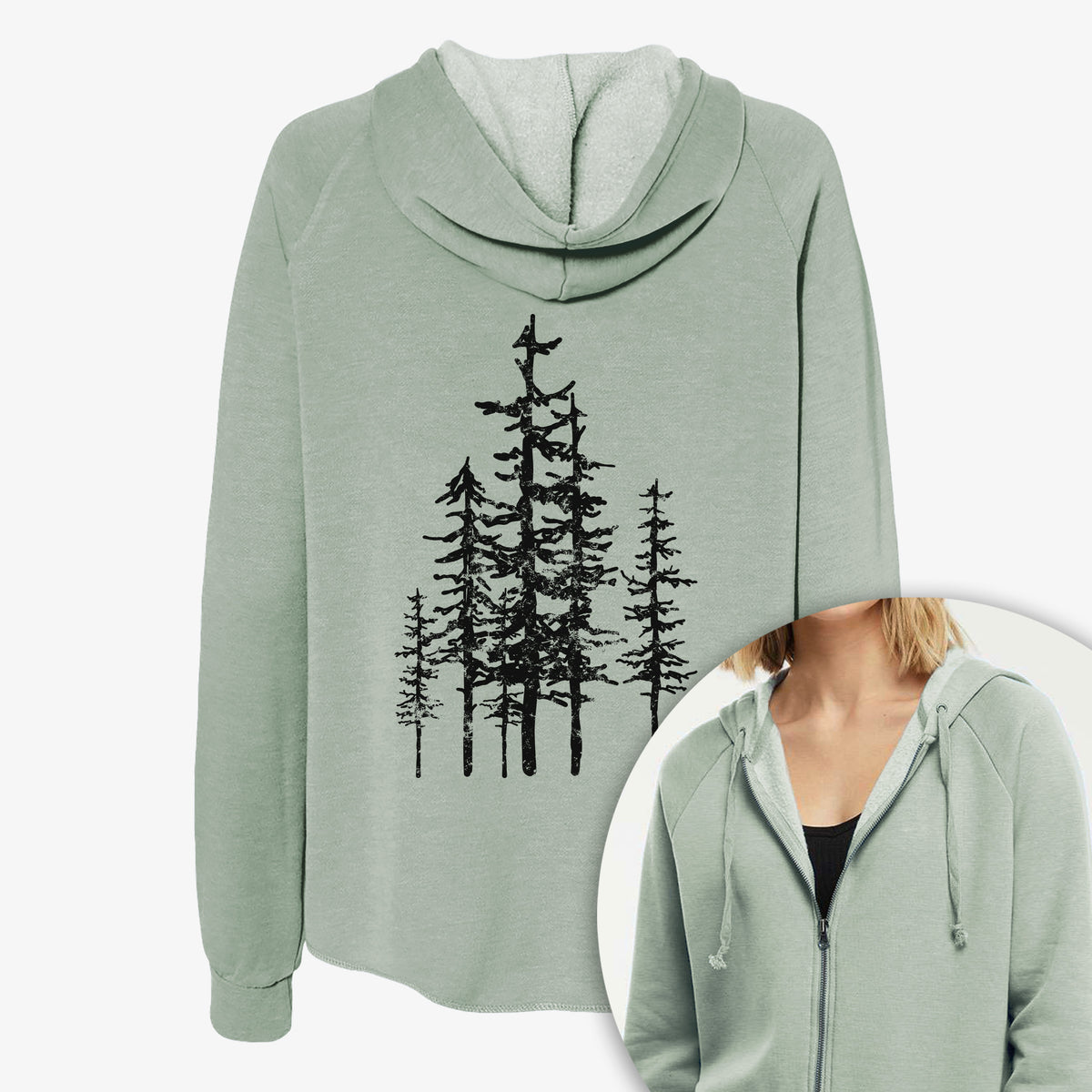 Women's Cali Wave zip-up sweatshirt printed with a black ink illustration of a cluster of evergreen trees of varying heights, with a close-up of the zipper.