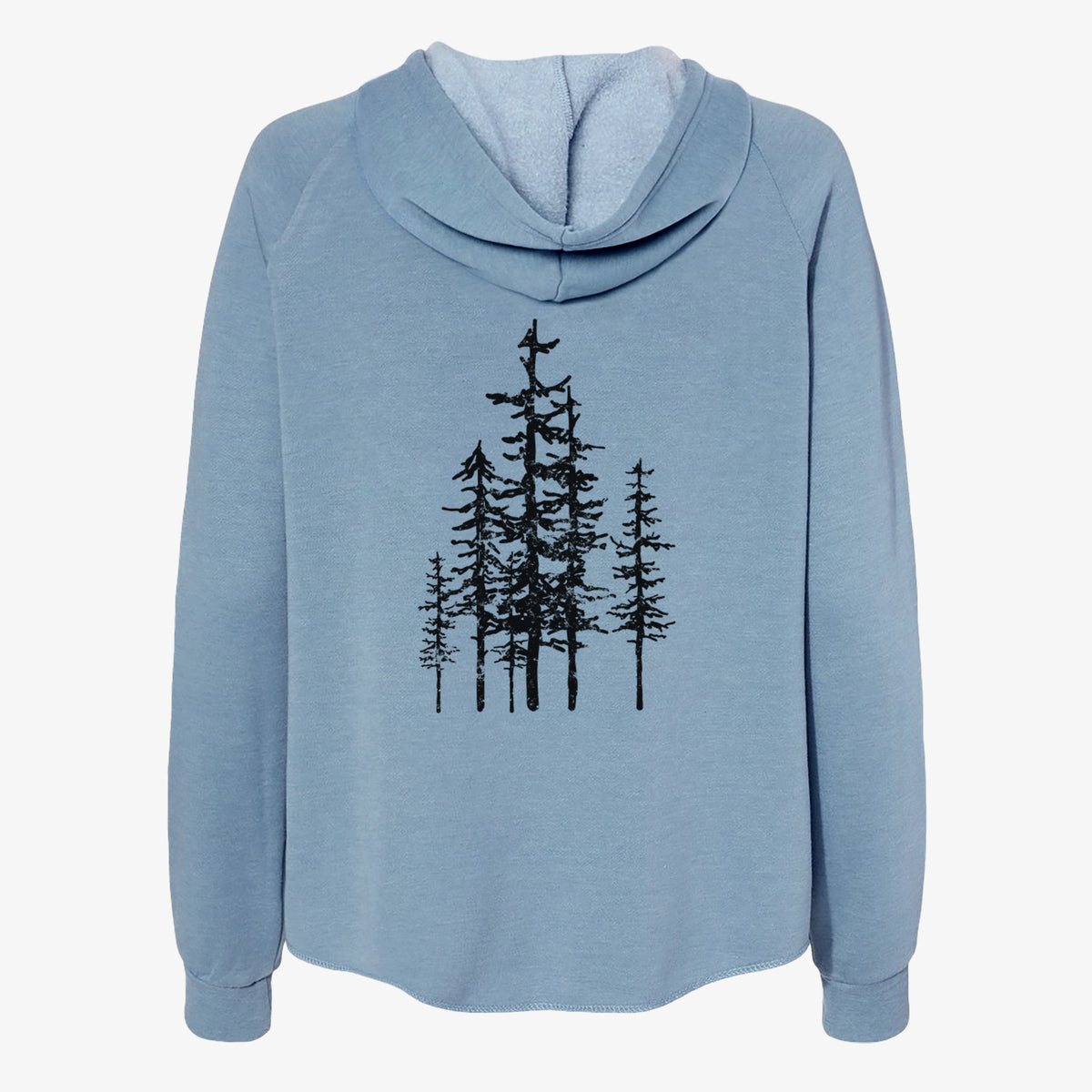 Misty blue women's Cali Wave zip-up sweatshirt laid flat, printed with a black ink illustration of a cluster of evergreen trees of varying heights.