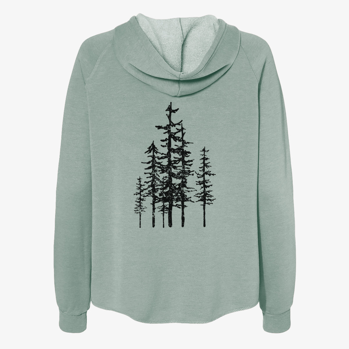 Sage green women's Cali Wave zip-up sweatshirt laid flat, printed with a black ink illustration of a cluster of evergreen trees of varying heights.