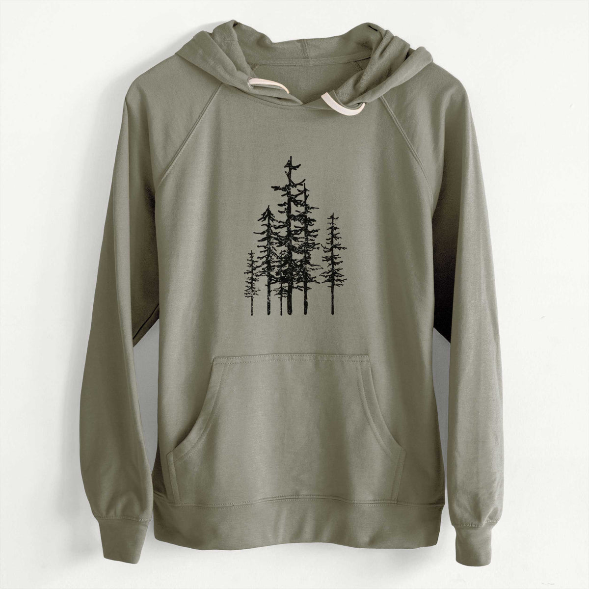 Olive loopback terry hoodie printed with a black ink illustration of a cluster of evergreen trees of varying heights.