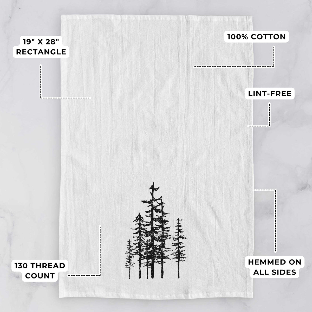 White tea towel printed with a black ink illustration of a cluster of evergreen trees of varying heights, with feature labels: 19 by 28 inch rectangle, 100% cotton, lint-free, 130 thread count, hemmed on all sides.