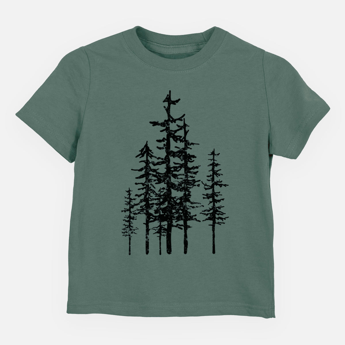 Basil green toddler t-shirt laid flat, printed with a black ink illustration of a cluster of evergreen trees of varying heights.
