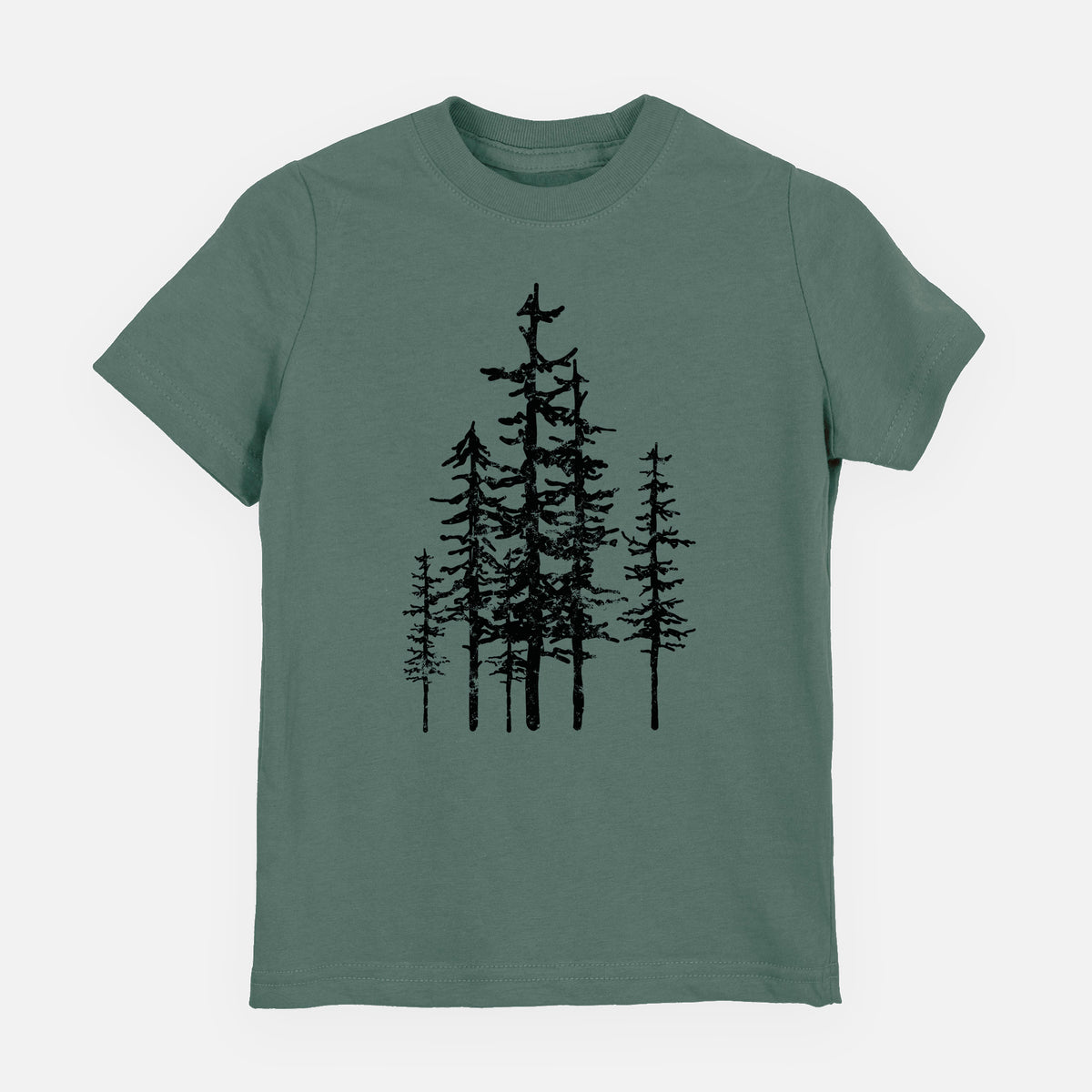 Basil green youth t-shirt laid flat, printed with a black ink illustration of a cluster of evergreen trees of varying heights.