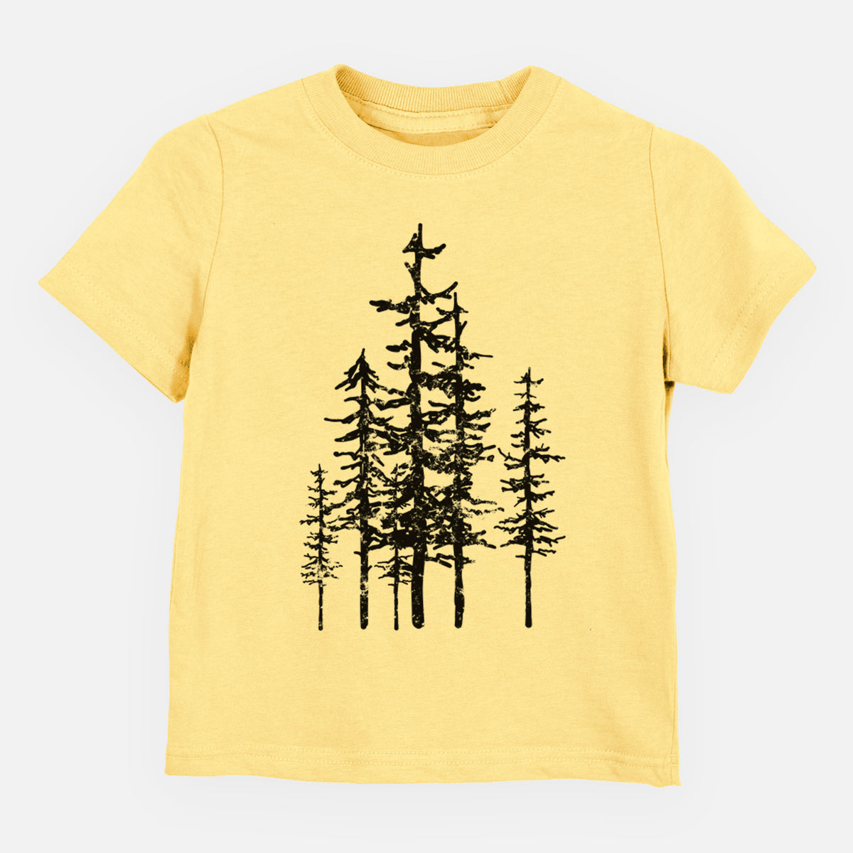 Butter yellow toddler t-shirt laid flat, printed with a black ink illustration of a cluster of evergreen trees of varying heights.