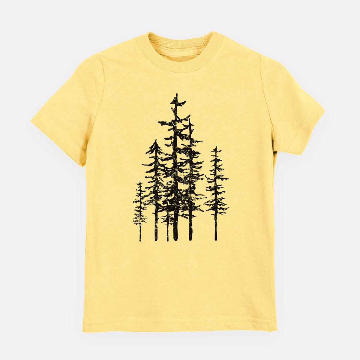 Butter yellow youth t-shirt laid flat, printed with a black ink illustration of a cluster of evergreen trees of varying heights.