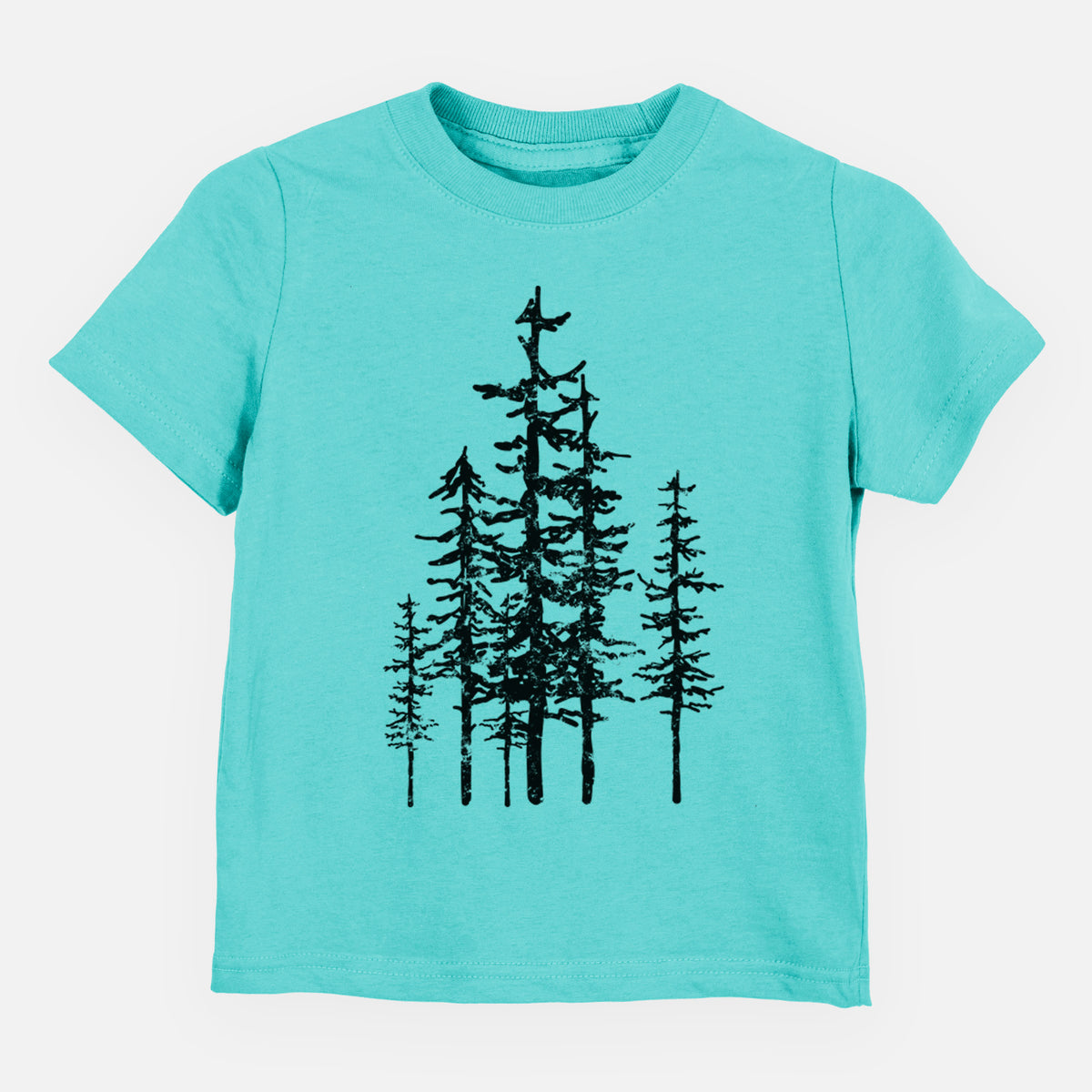 Caribbean blue toddler t-shirt laid flat, printed with a black ink illustration of a cluster of evergreen trees of varying heights.