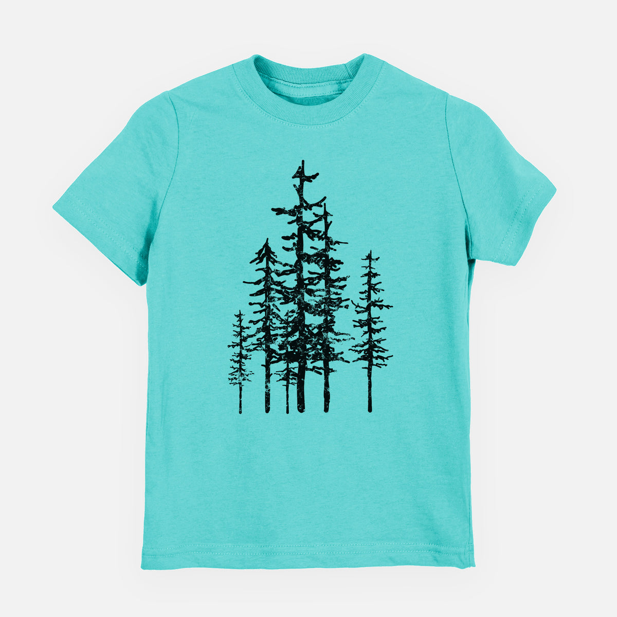 Caribbean blue youth t-shirt laid flat, printed with a black ink illustration of a cluster of evergreen trees of varying heights.