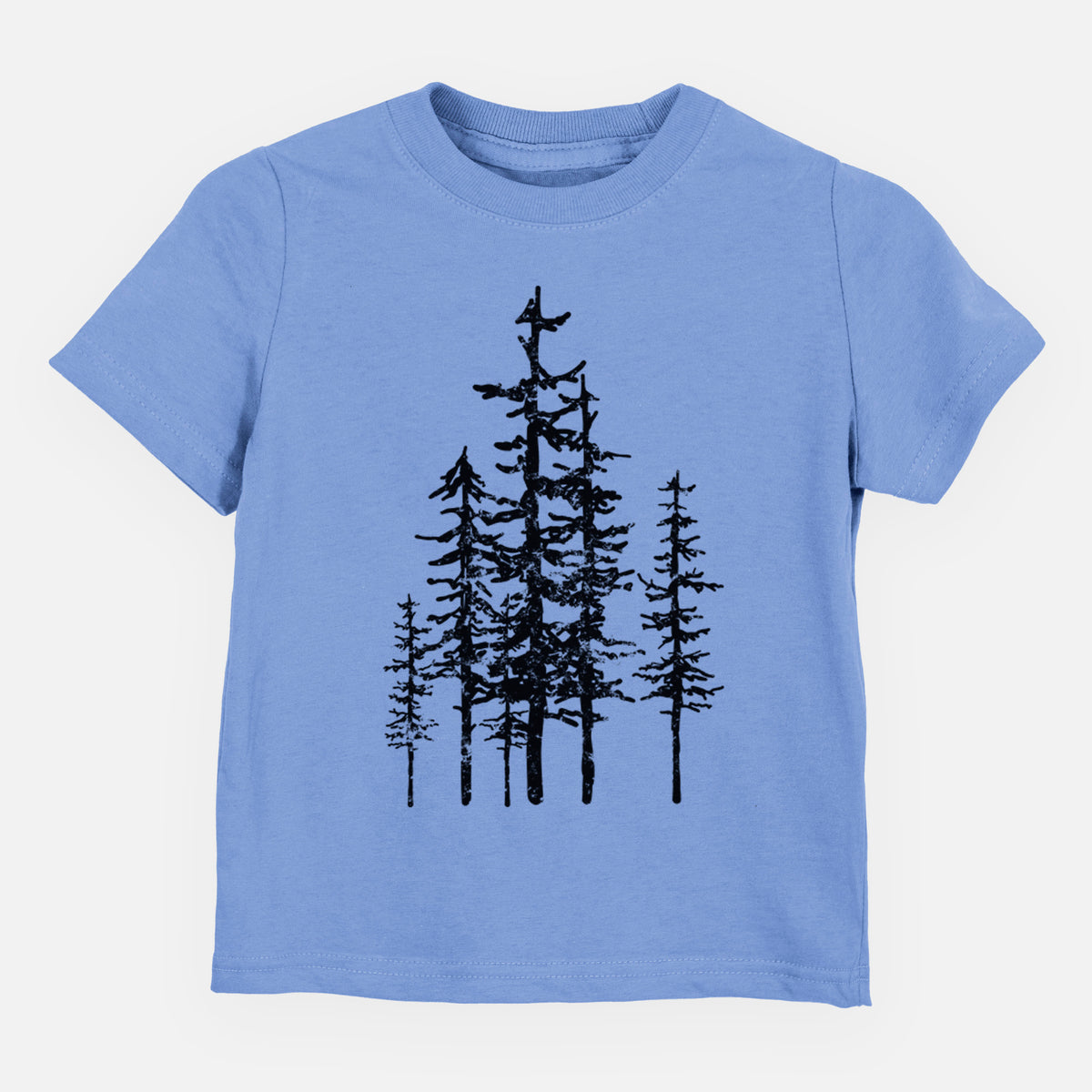 Carolina blue toddler t-shirt laid flat, printed with a black ink illustration of a cluster of evergreen trees of varying heights.