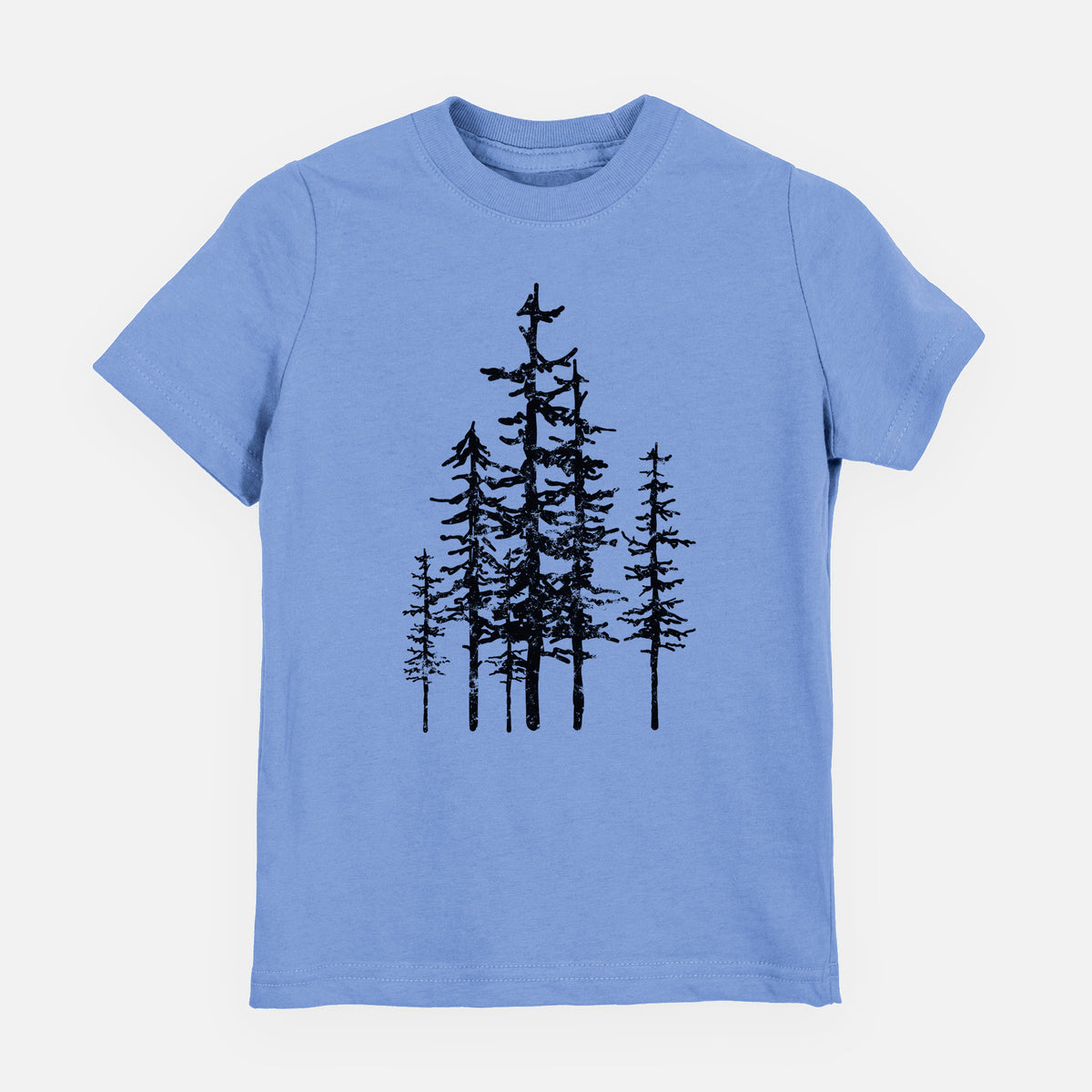 Carolina blue youth t-shirt laid flat, printed with a black ink illustration of a cluster of evergreen trees of varying heights.