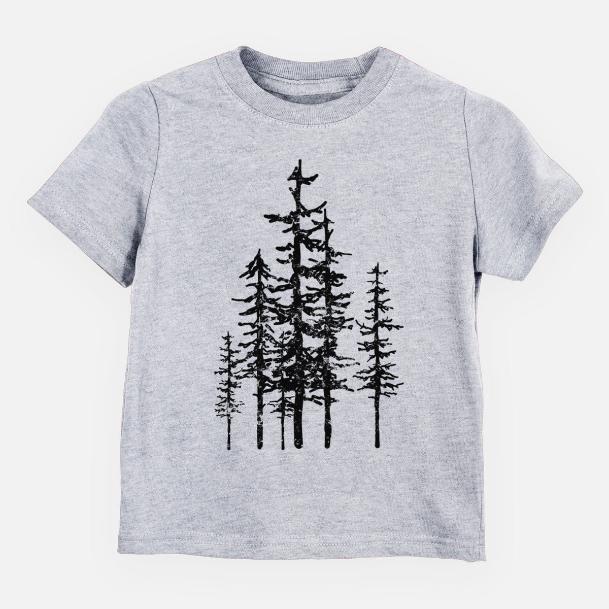 Heather grey toddler t-shirt laid flat, printed with a black ink illustration of a cluster of evergreen trees of varying heights.