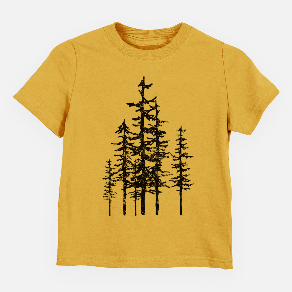 Honeycomb yellow toddler t-shirt laid flat, printed with a black ink illustration of a cluster of evergreen trees of varying heights.