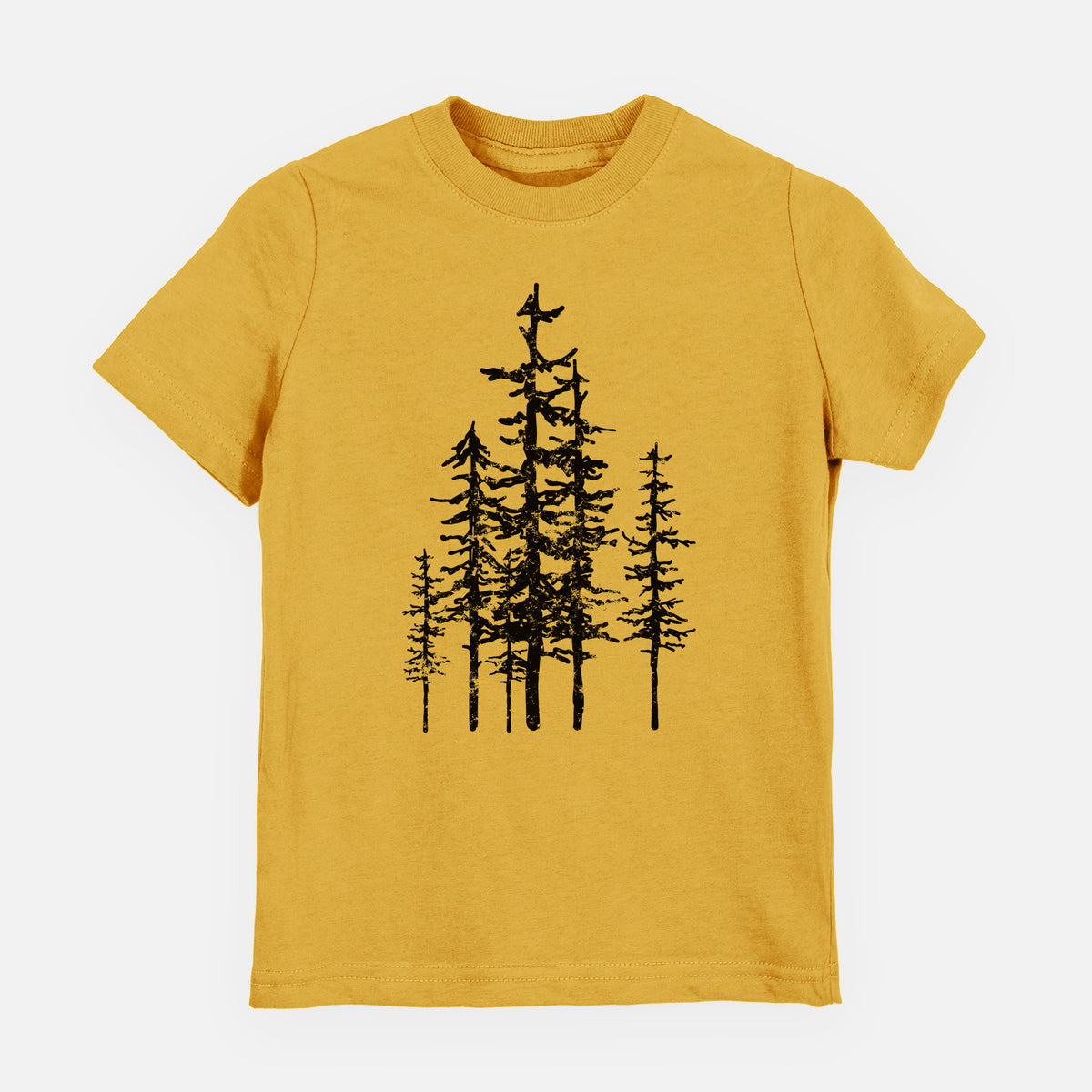 Honeycomb yellow youth t-shirt laid flat, printed with a black ink illustration of a cluster of evergreen trees of varying heights.