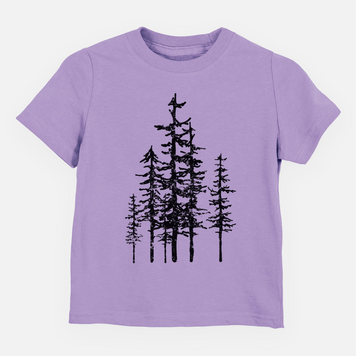 Lavender toddler t-shirt laid flat, printed with a black ink illustration of a cluster of evergreen trees of varying heights.