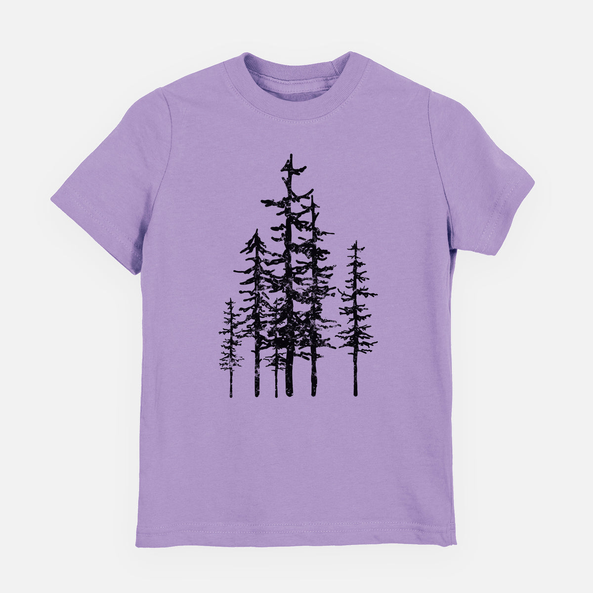 Lavender youth t-shirt laid flat, printed with a black ink illustration of a cluster of evergreen trees of varying heights.