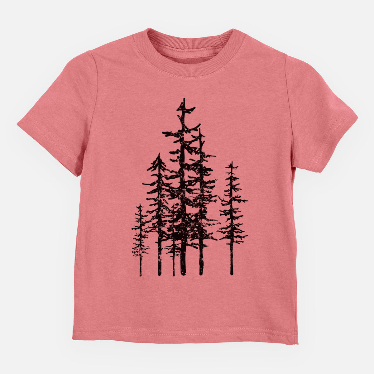 Mauve pink toddler t-shirt laid flat, printed with a black ink illustration of a cluster of evergreen trees of varying heights.