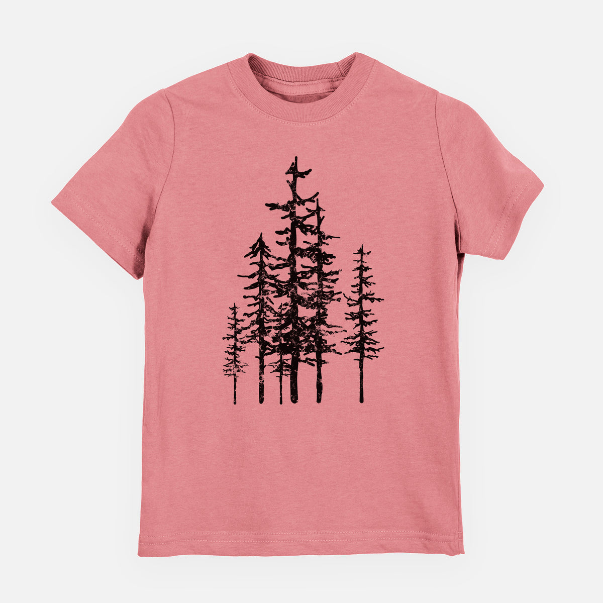 Mauve pink youth t-shirt laid flat, printed with a black ink illustration of a cluster of evergreen trees of varying heights.