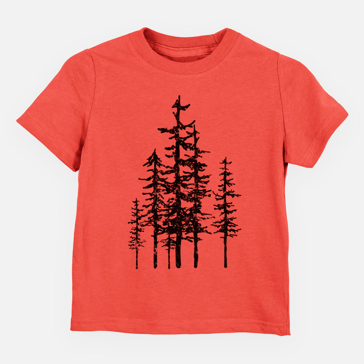 Passionfruit pink toddler t-shirt laid flat, printed with a black ink illustration of a cluster of evergreen trees of varying heights.