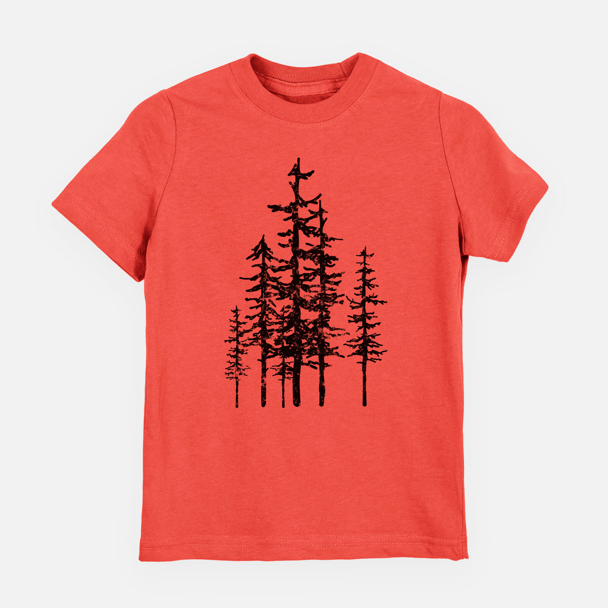 Passionfruit pink youth t-shirt laid flat, printed with a black ink illustration of a cluster of evergreen trees of varying heights.