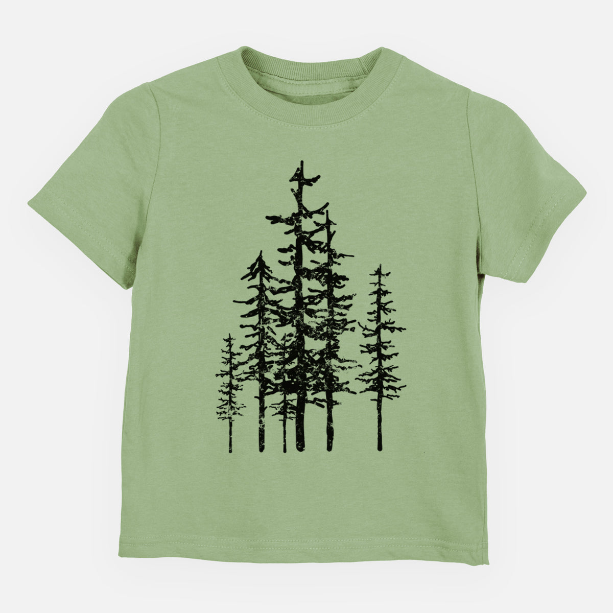 Sage green toddler t-shirt laid flat, printed with a black ink illustration of a cluster of evergreen trees of varying heights.
