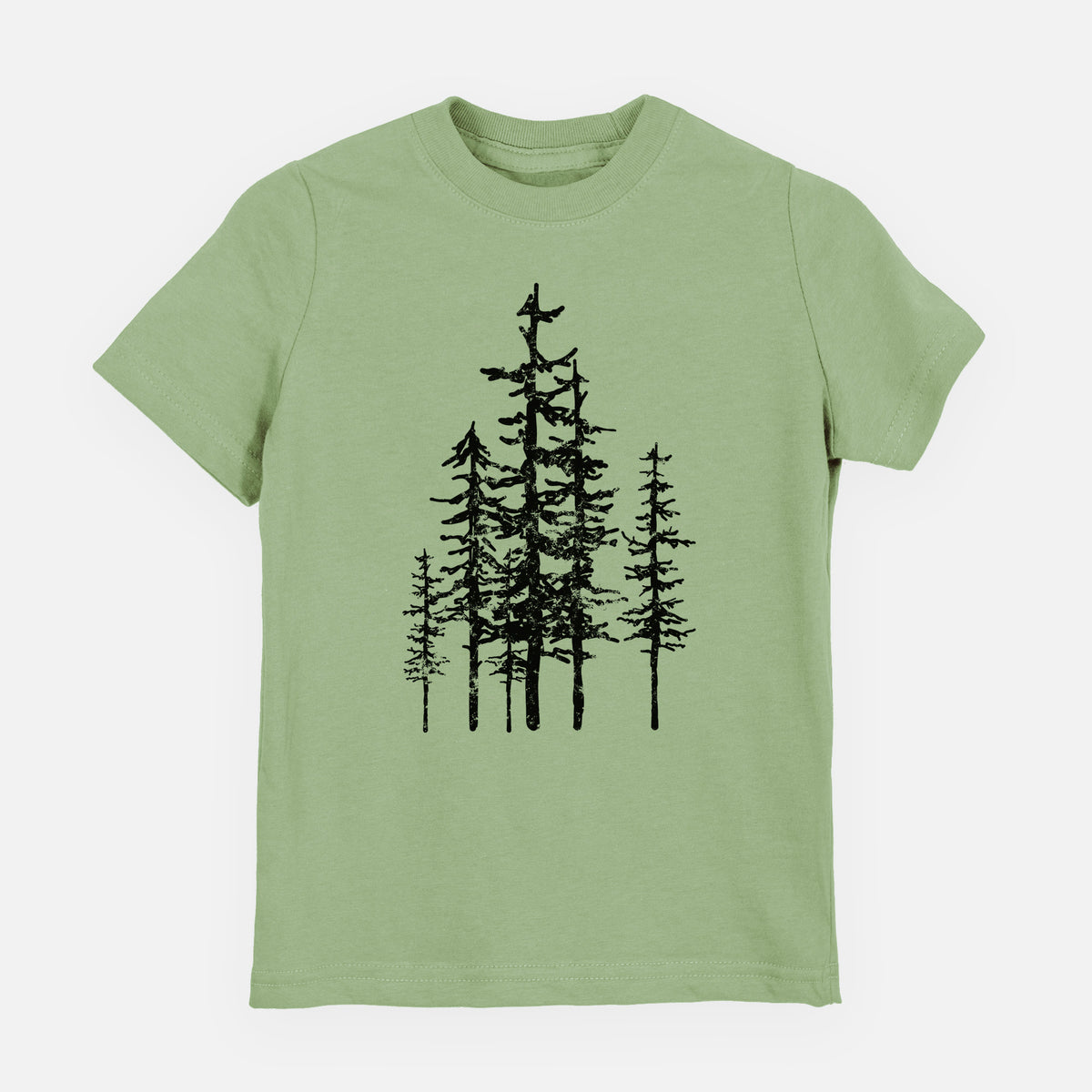 Sage green youth t-shirt laid flat, printed with a black ink illustration of a cluster of evergreen trees of varying heights.