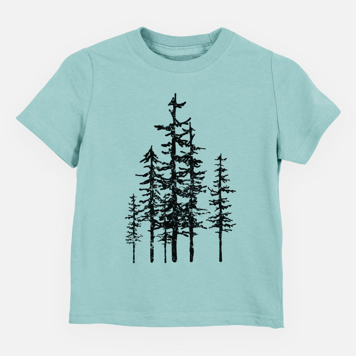 Saltwater toddler t-shirt laid flat, printed with a black ink illustration of a cluster of evergreen trees of varying heights.