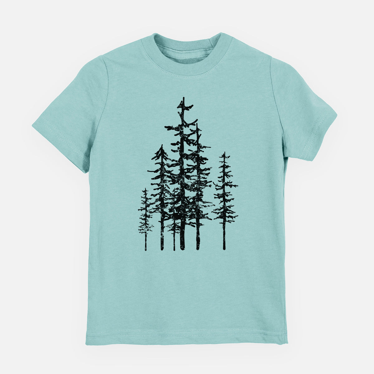 Saltwater youth t-shirt laid flat, printed with a black ink illustration of a cluster of evergreen trees of varying heights.