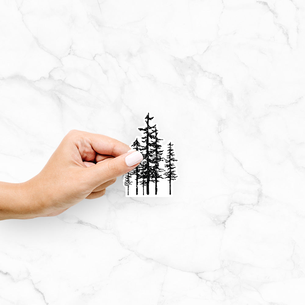 Hand holding a 4 inch vinyl decal of a black ink illustration of a cluster of evergreen trees of varying heights.
