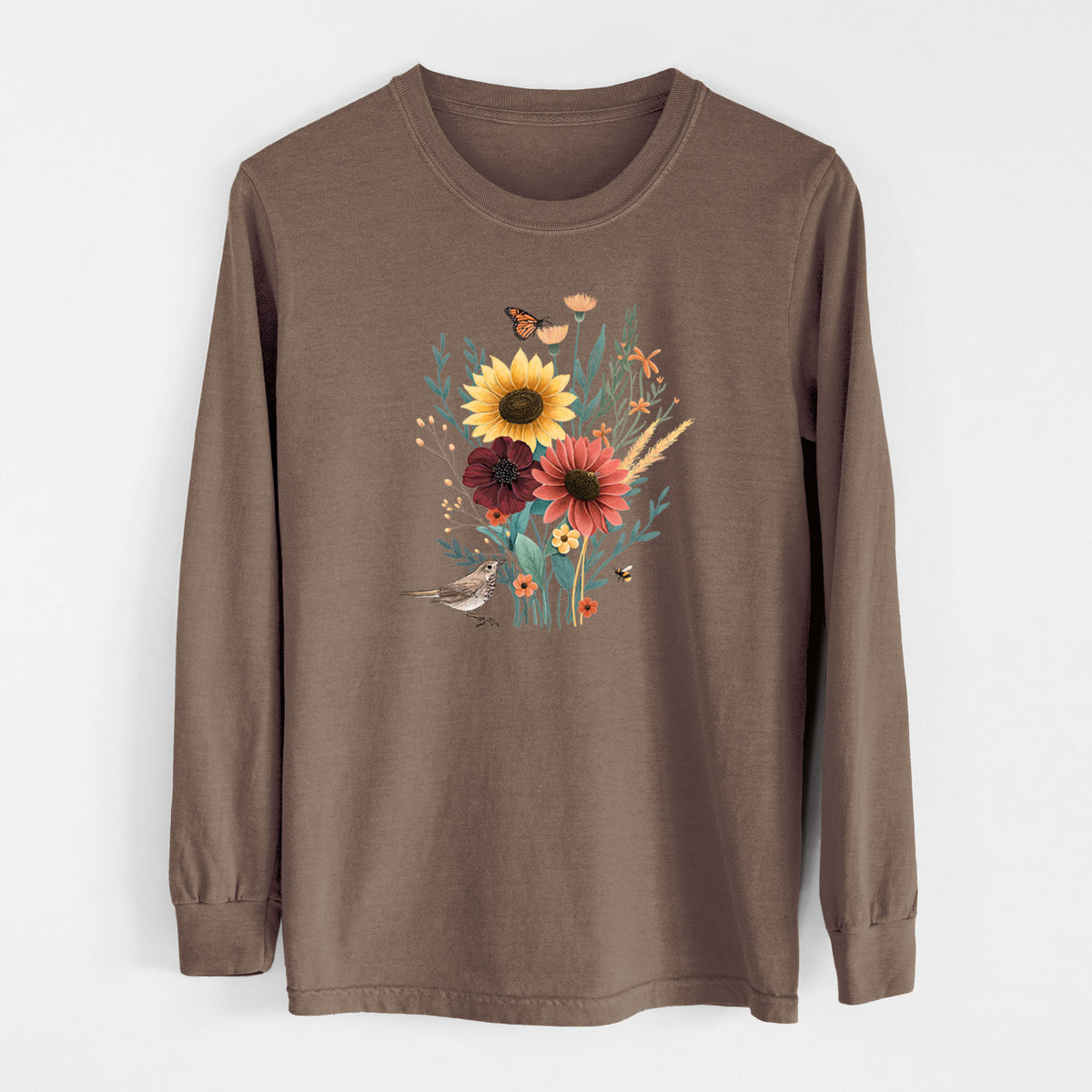 Espresso brown Comfort Colors long sleeve shirt laid flat, printed with a full-color bouquet of sunflowers, red flowers and wildflowers with butterflies and a small bird.