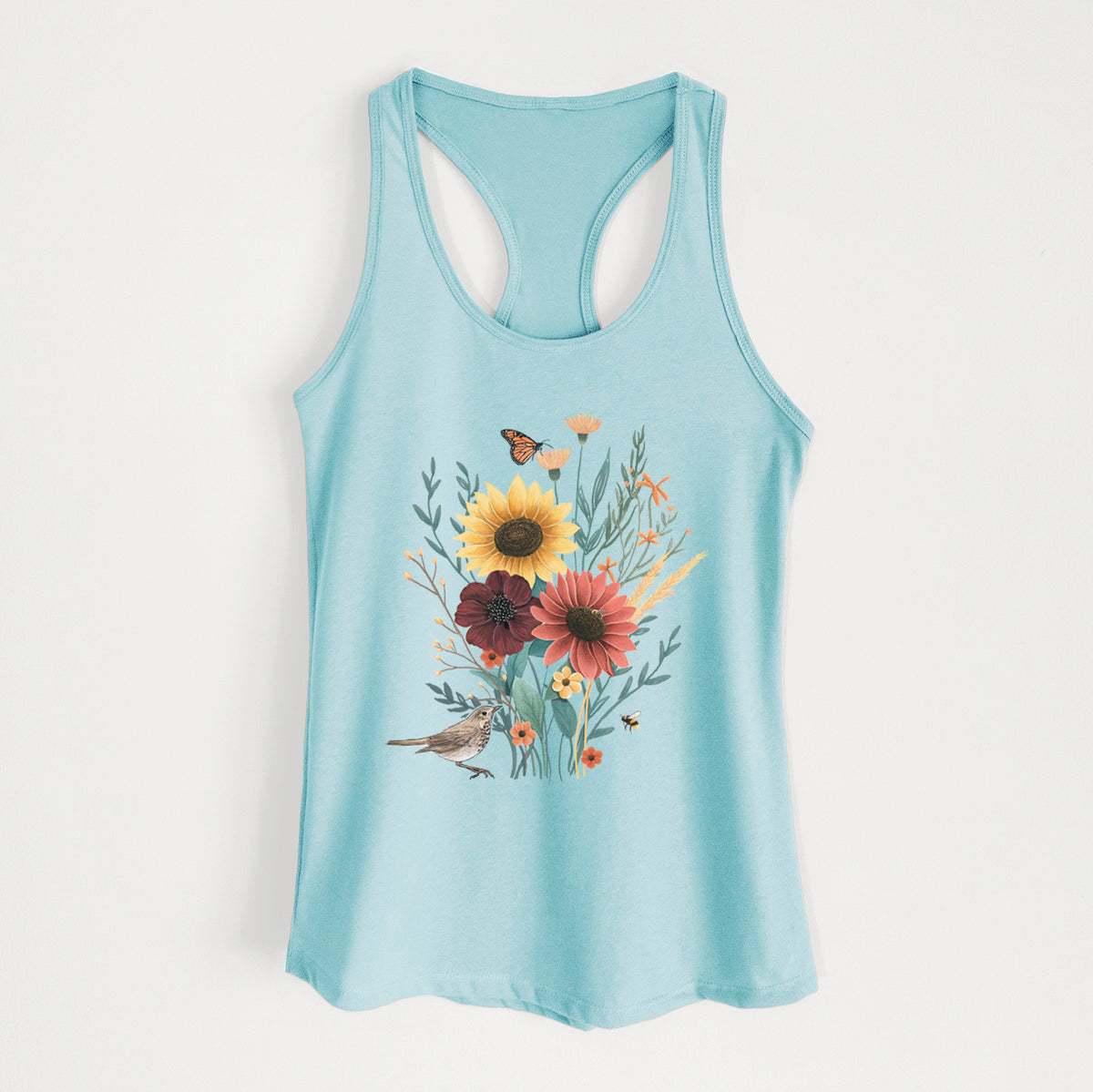 Cancun blue women's racerback tank top laid flat, printed with a full-color bouquet of sunflowers, red flowers and wildflowers with butterflies and a small bird.