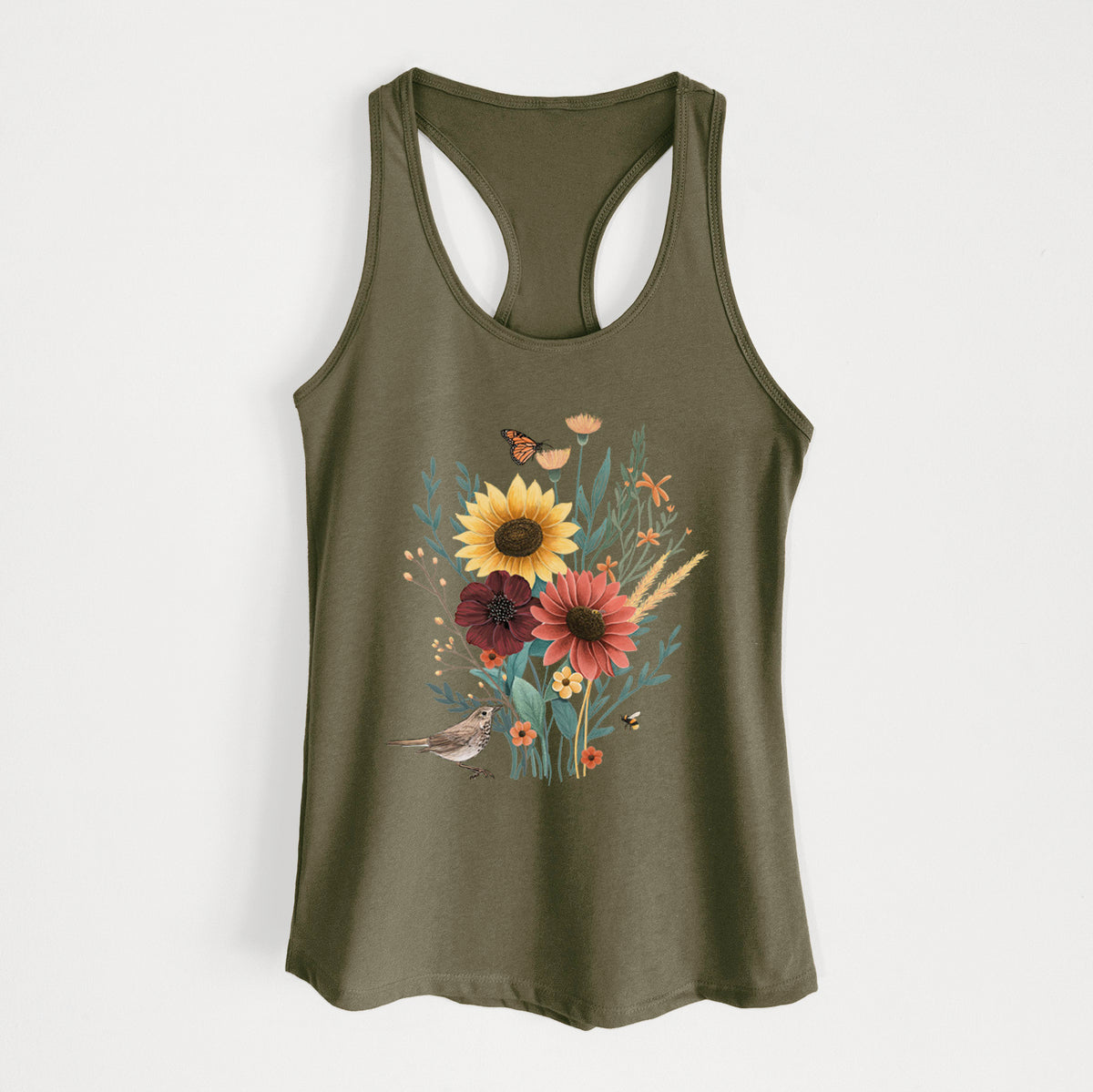 Military green women's racerback tank top laid flat, printed with a full-color bouquet of sunflowers, red flowers and wildflowers with butterflies and a small bird.