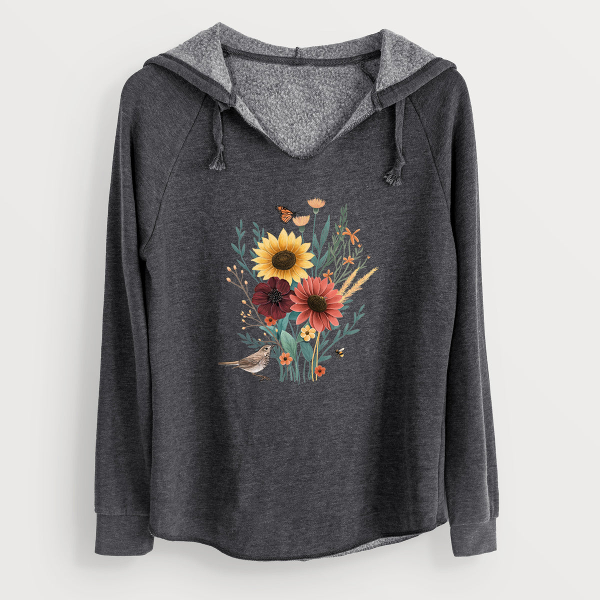 Charcoal grey women's Cali Wave hooded sweatshirt laid flat, printed with a full-color bouquet of sunflowers, red flowers and wildflowers with butterflies and a small bird.