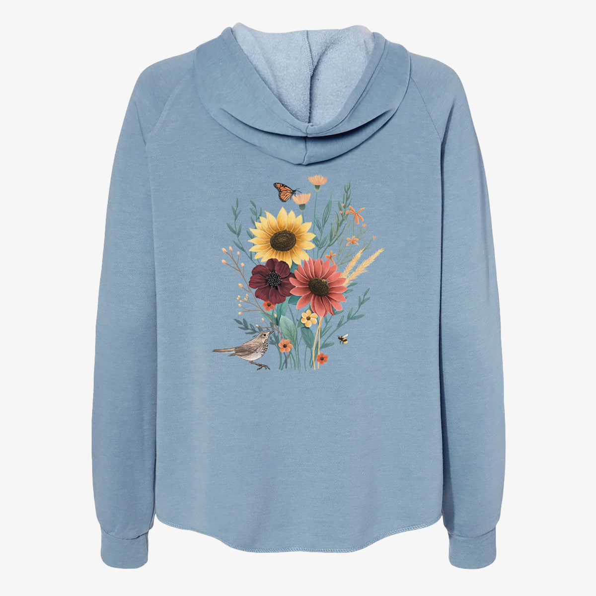 Misty blue women's Cali Wave zip-up sweatshirt laid flat, printed with a full-color bouquet of sunflowers, red flowers and wildflowers with butterflies and a small bird.