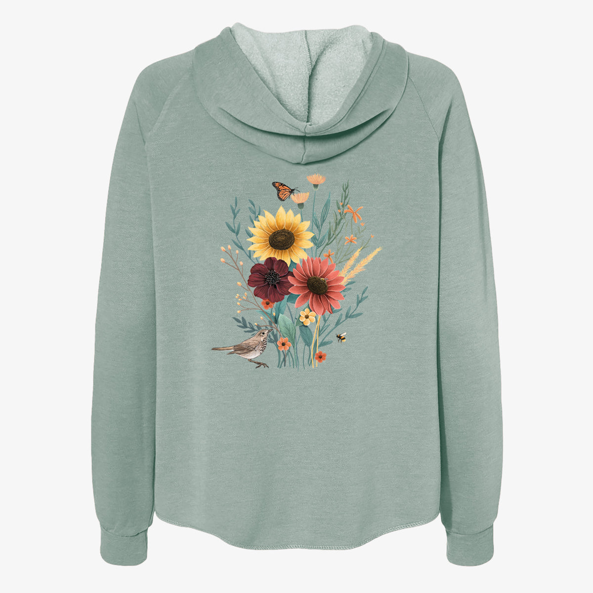 Sage green women's Cali Wave zip-up sweatshirt laid flat, printed with a full-color bouquet of sunflowers, red flowers and wildflowers with butterflies and a small bird.