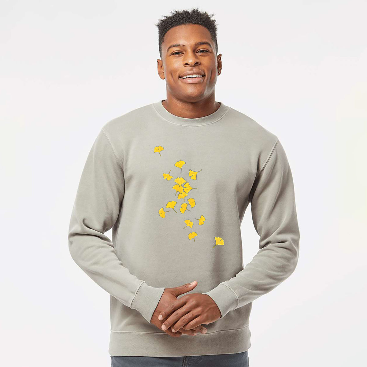 Falling Ginkgo Leaves - Unisex Pigment Dyed Crew Sweatshirt in Cement