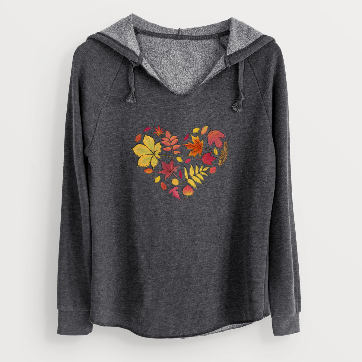 Charcoal grey women's Cali Wave hooded sweatshirt laid flat, printed with a full-color heart shape made of autumn leaves in orange, red and yellow.