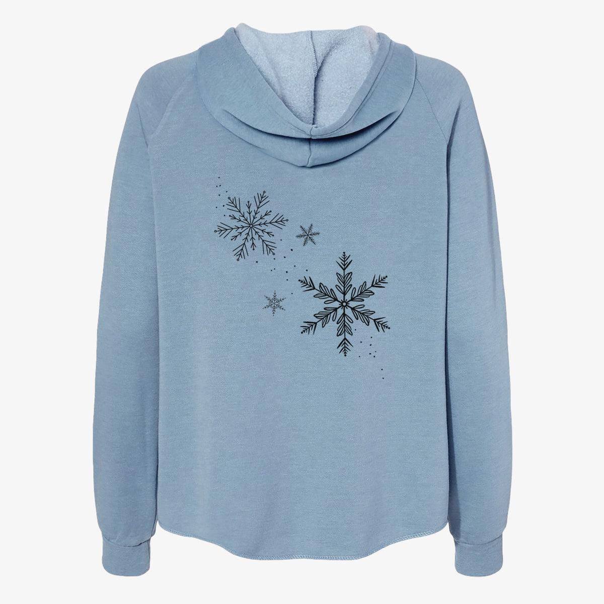 Misty blue women's Cali Wave zip-up sweatshirt laid flat, printed with delicate snowflakes of different sizes falling.