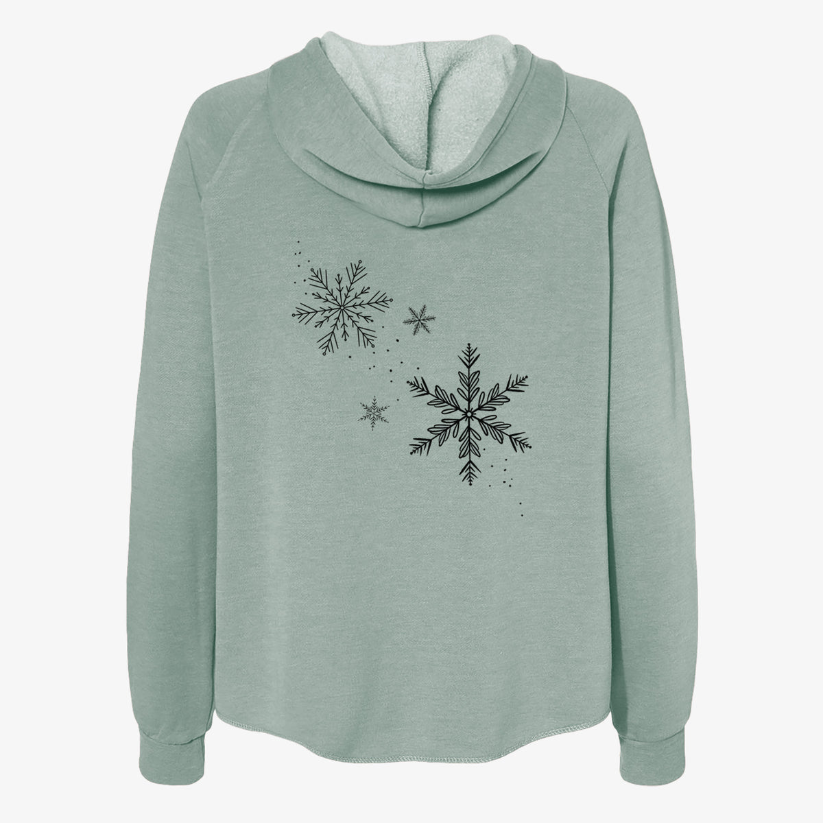 Sage green women's Cali Wave zip-up sweatshirt laid flat, printed with delicate snowflakes of different sizes falling.